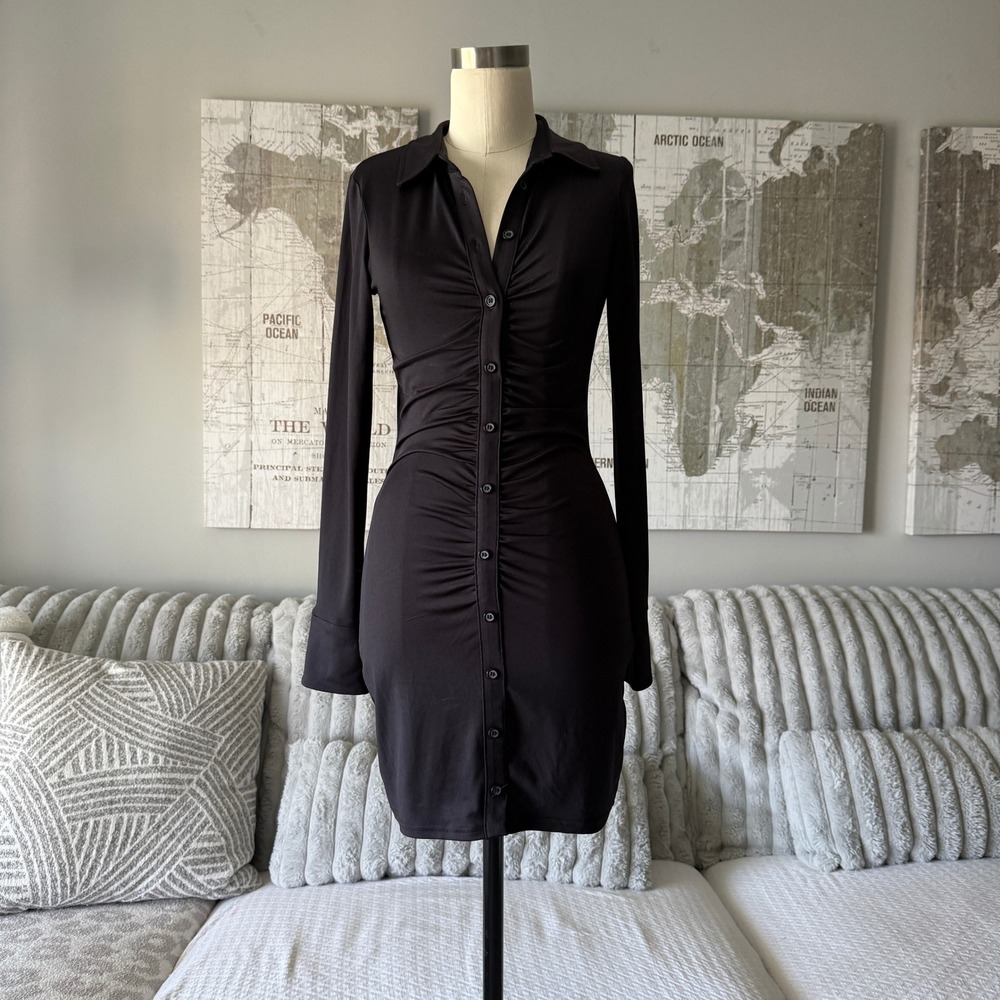 H&M Divided Black Ruched Button Down Long Sleeve Mini‎ Shirt Dress Small